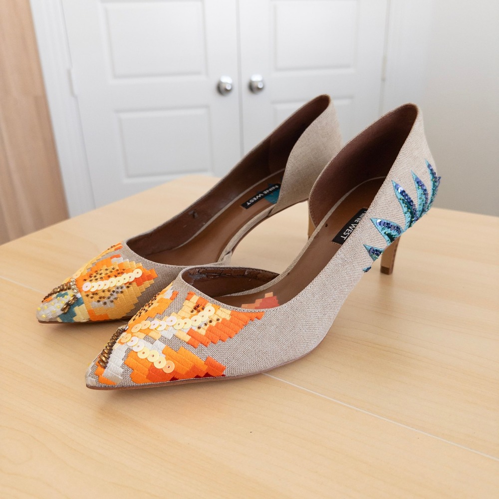 Nine West Beaded Heels 10 Tan Embroidered Sequin D'Orsay Pointed Toe Kitten Heel